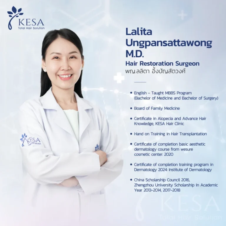 Portrait of Dr. Lalita Ungpansattawong, M.D., Hair Restoration Surgeon, in a white coat with the KESA logo beside a blue credentials panel.