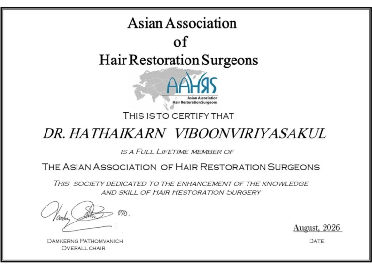 Certificate from the Asian Association of Hair Restoration Surgeons naming Dr. Hathakarn Viboonviriyasyakul as a full lifetime member, dated August 2026, with signatures and Overall Chair.